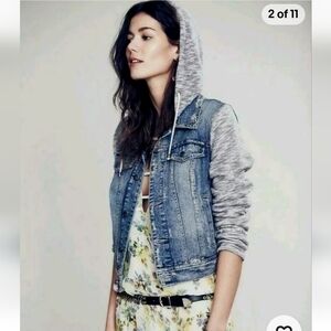 Free People Denim Distressed Hooded Jean/Knit Jacket Women's Size XS